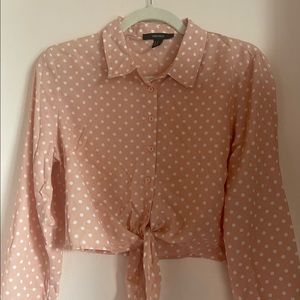 Pink polka dot button up crop top with tie